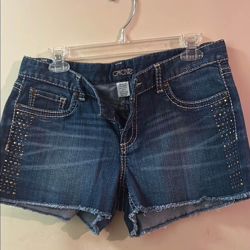 Cache Blue Jean Shorts with Frayed Hem and Rhinestone Accents NWT